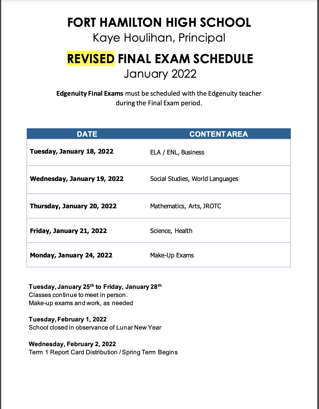 Final Exam Schedule-January 2022